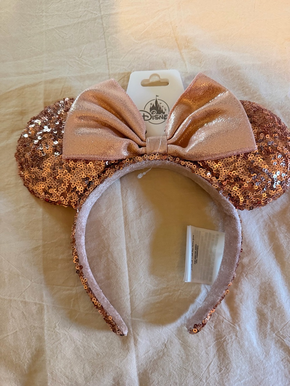 Disney Rose Gold Sequin Minnie Ears Headband with Satin Bow